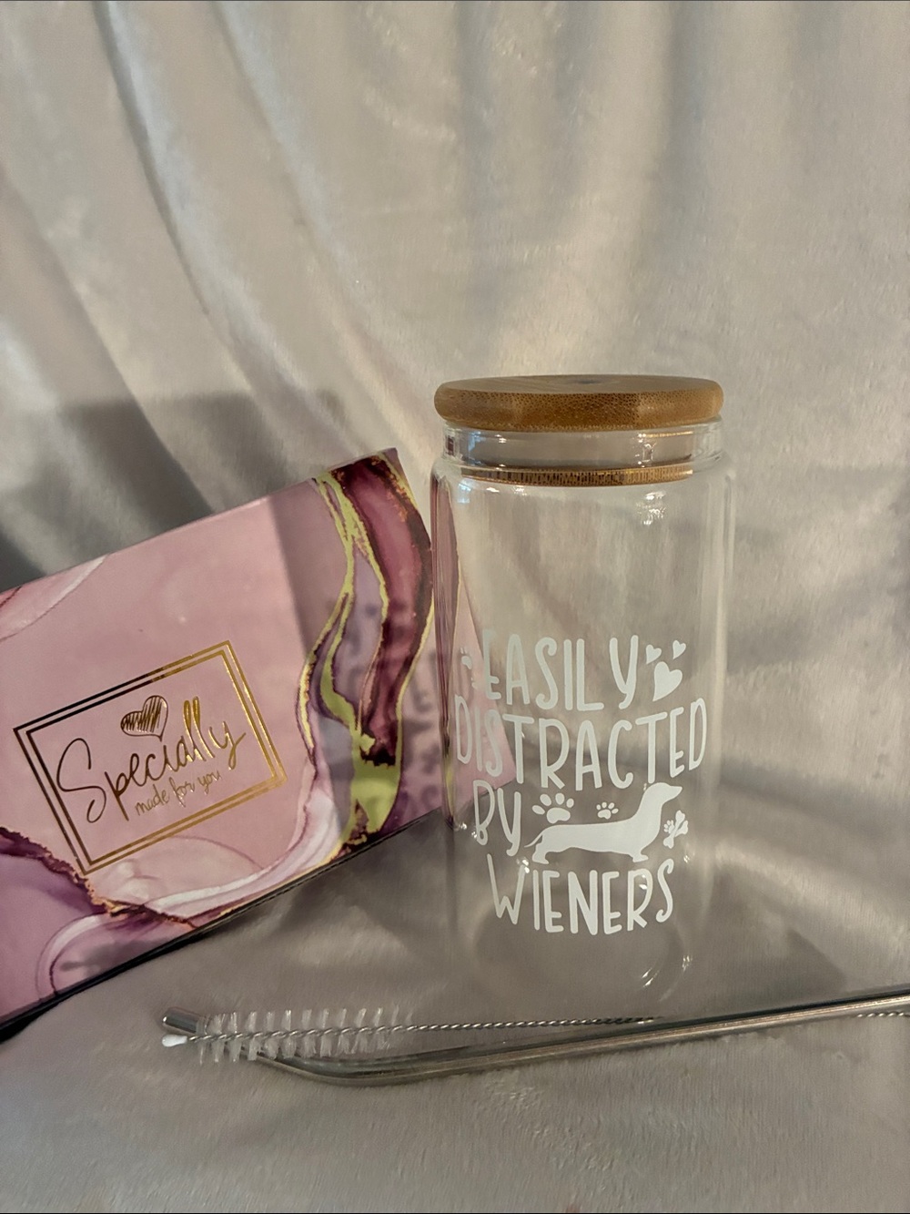 Tumbler Glass w/Bamboo Lid - 'Easily Distracted by Wieners'. w/straw & cleaner